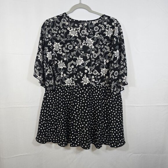 Cato Top Tie Front Kimono Large White Black Floral Short Sleeve Flowy V Neck - Picture 2 of 10